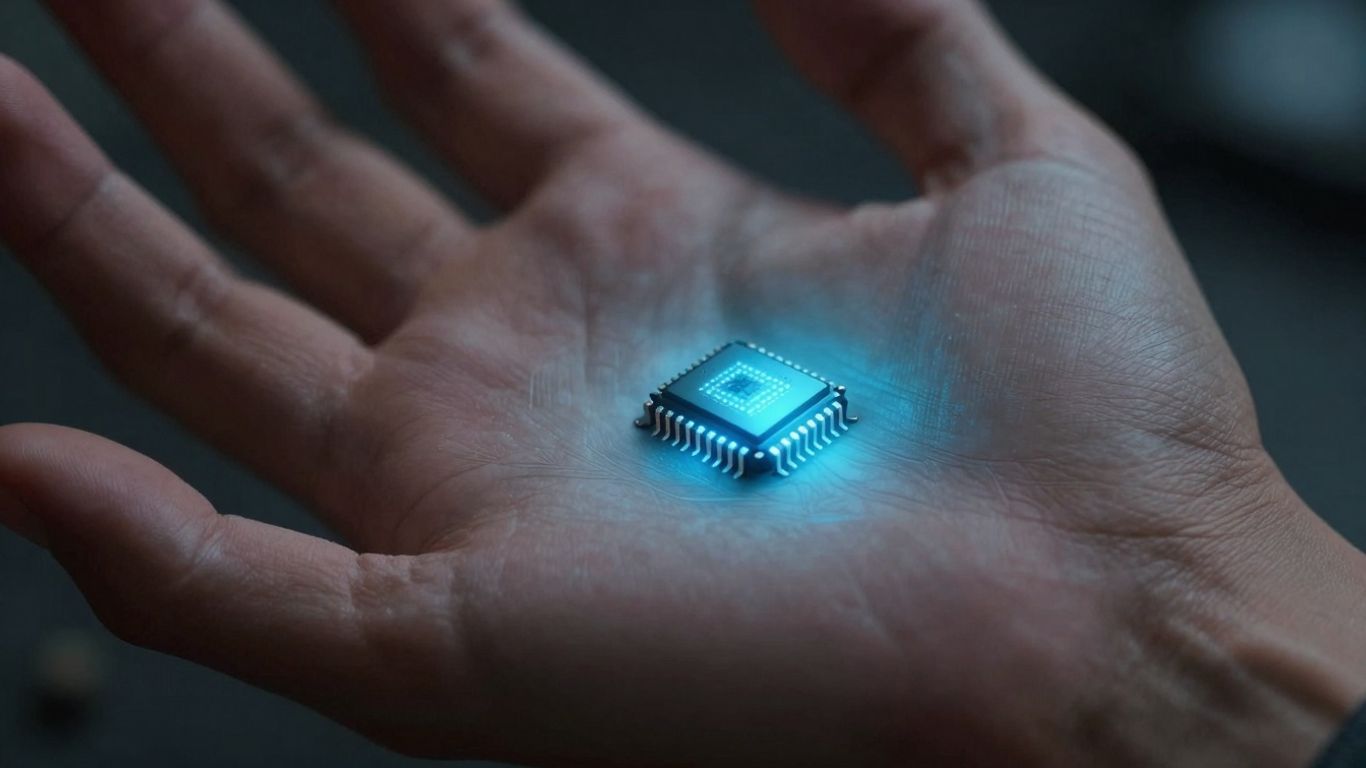 Mână umană cu un microcip strălucitor sub piele.