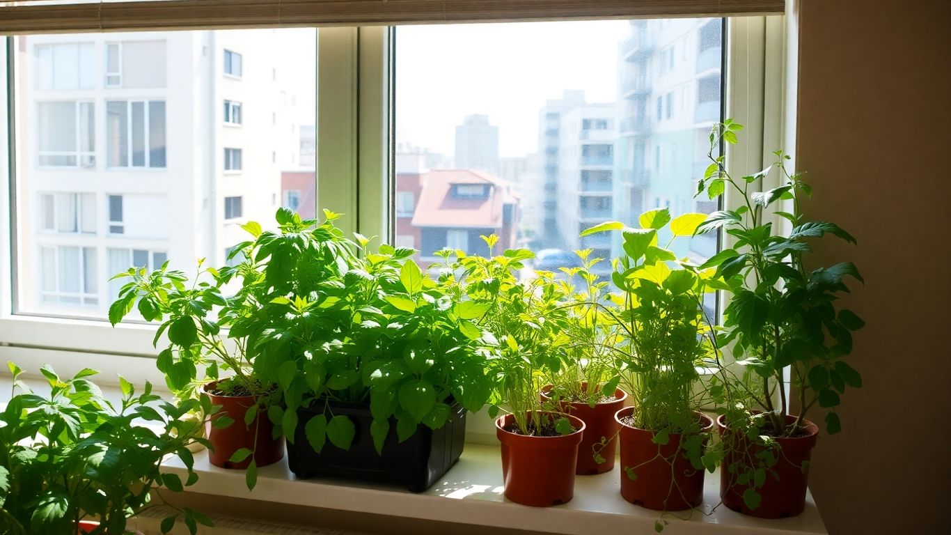 Indoor-Garten auf einer Fensterbank in der Stadt