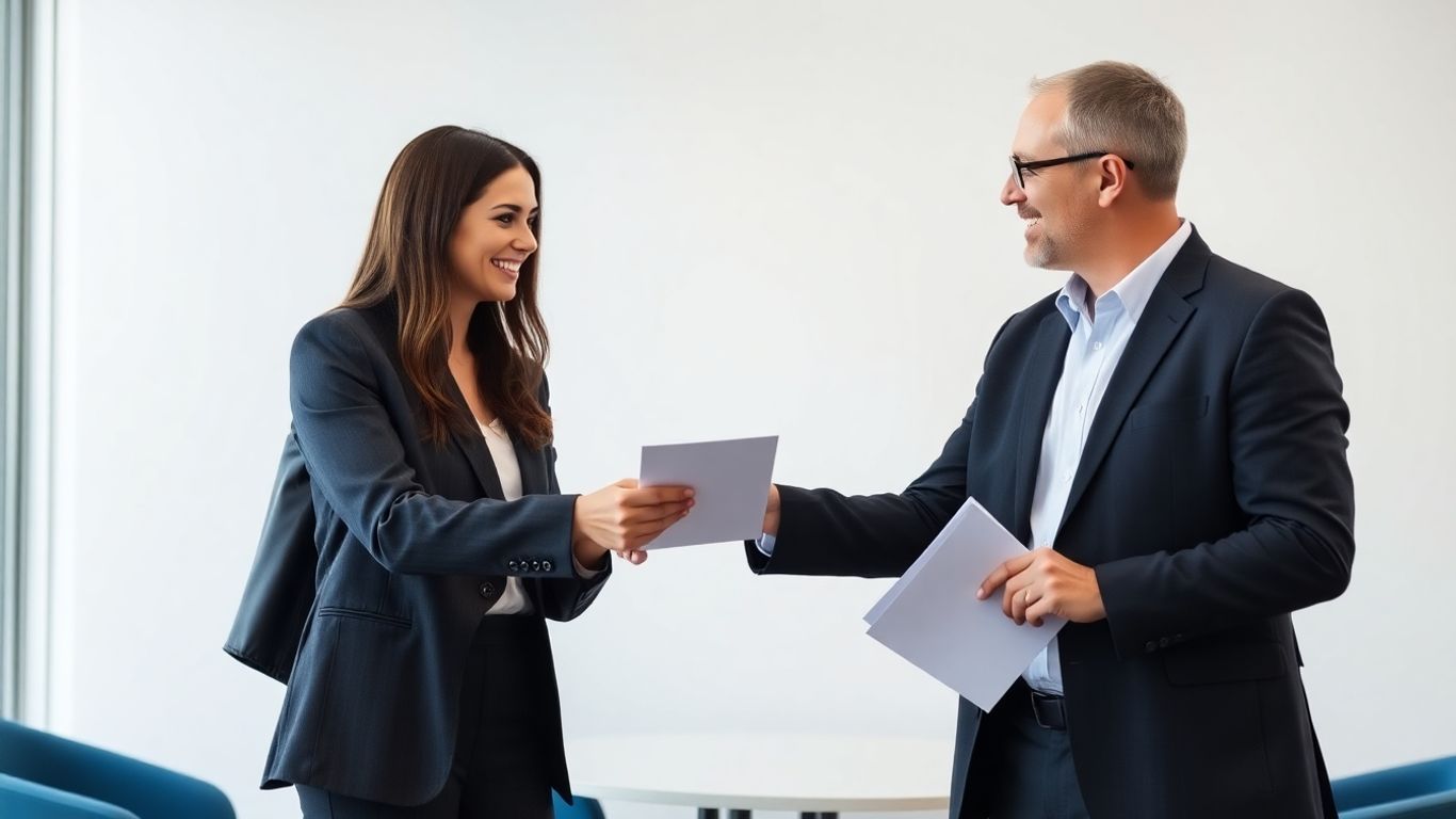 Zwei Geschäftsleute im Büro bei einer Vertragsunterzeichnung.