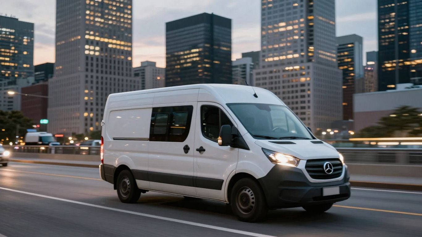 Courier van speeding through a city at dusk.