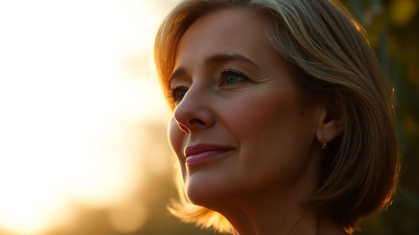 Woman embracing menopause transition with hope and calm.