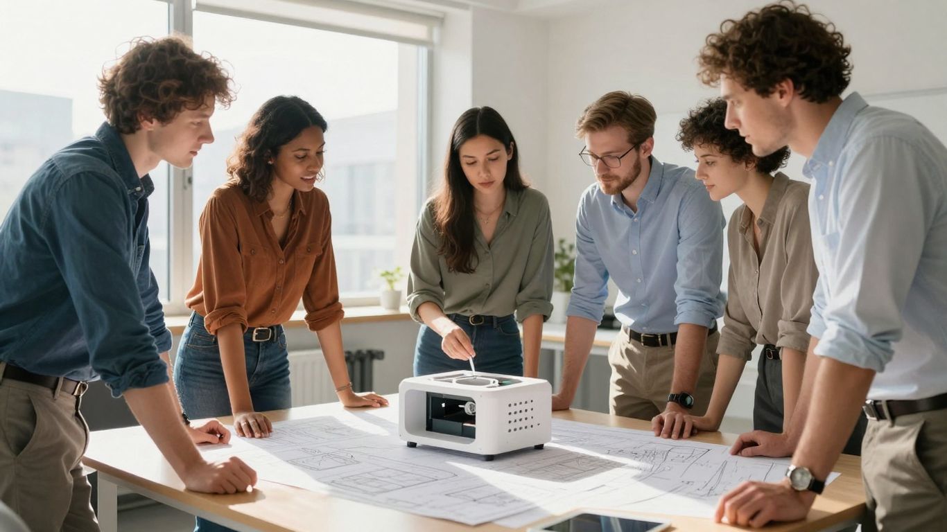 Europäische Geschäftsleute arbeiten zusammen an einem innovativen Projekt.