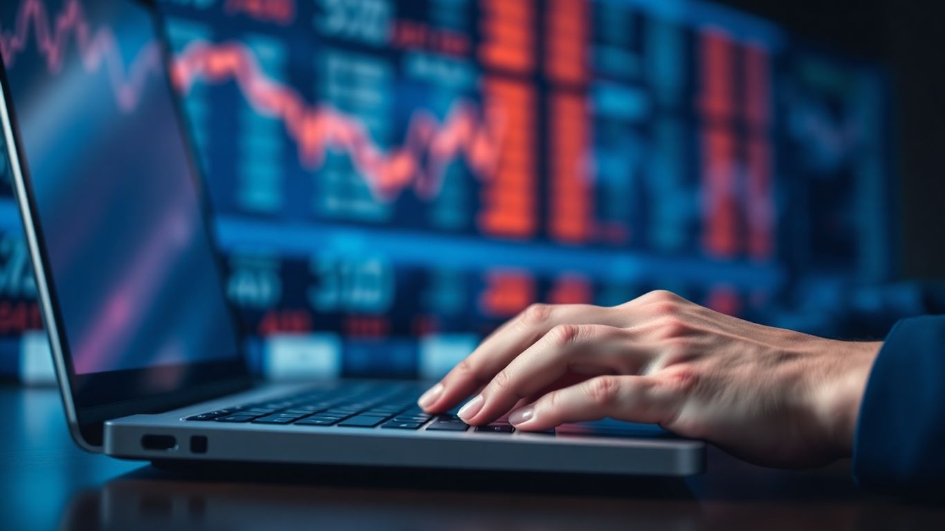 Hands typing on a laptop with stock market data.