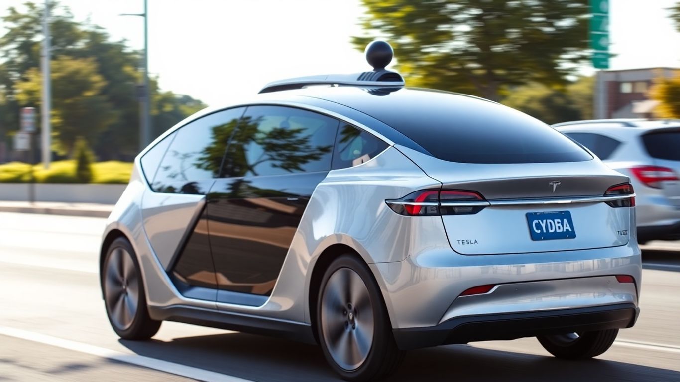 Tesla Cybercab driving on a public road.