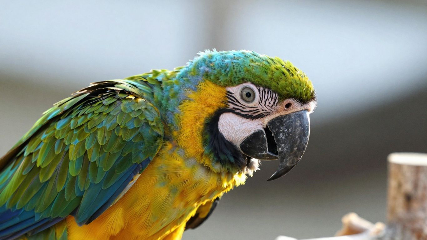 Hahns macaw chick on a perch, looking curious.