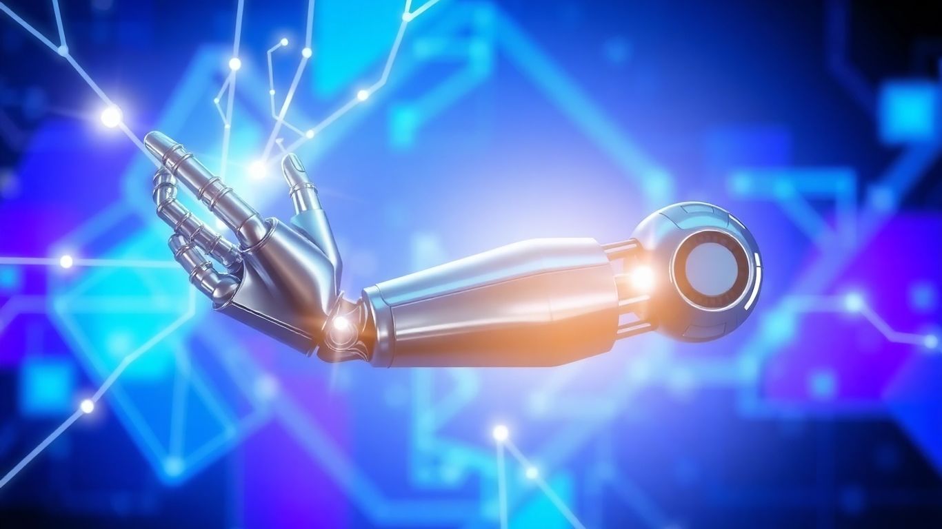 AI robot arm with digital streams, futuristic infographic.