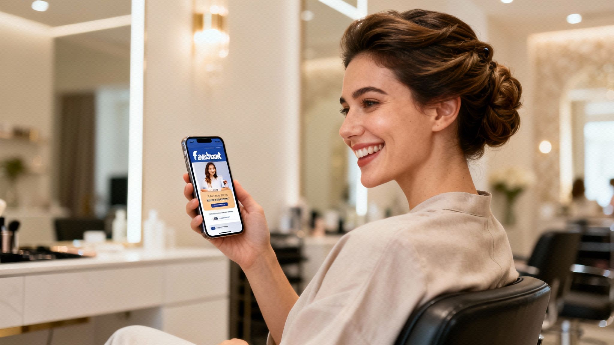 Happy salon client viewing Facebook ad on phone.
