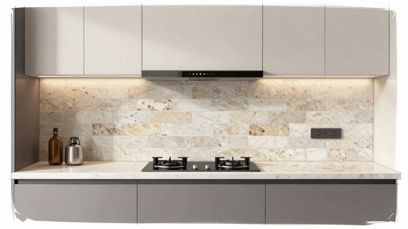 Sketch of a modern kitchen with a travertine backsplash.