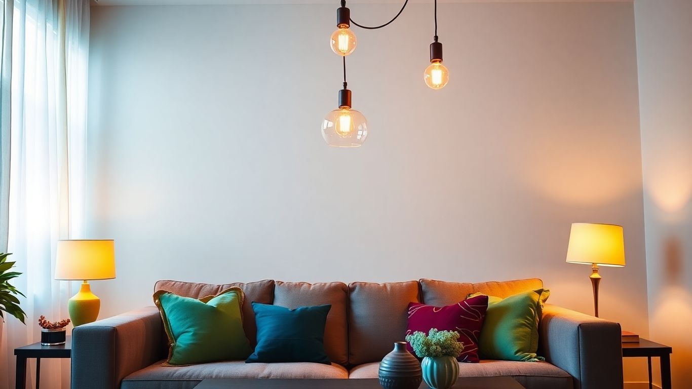 Modern living room with stylish pendant lights and colourful decor.