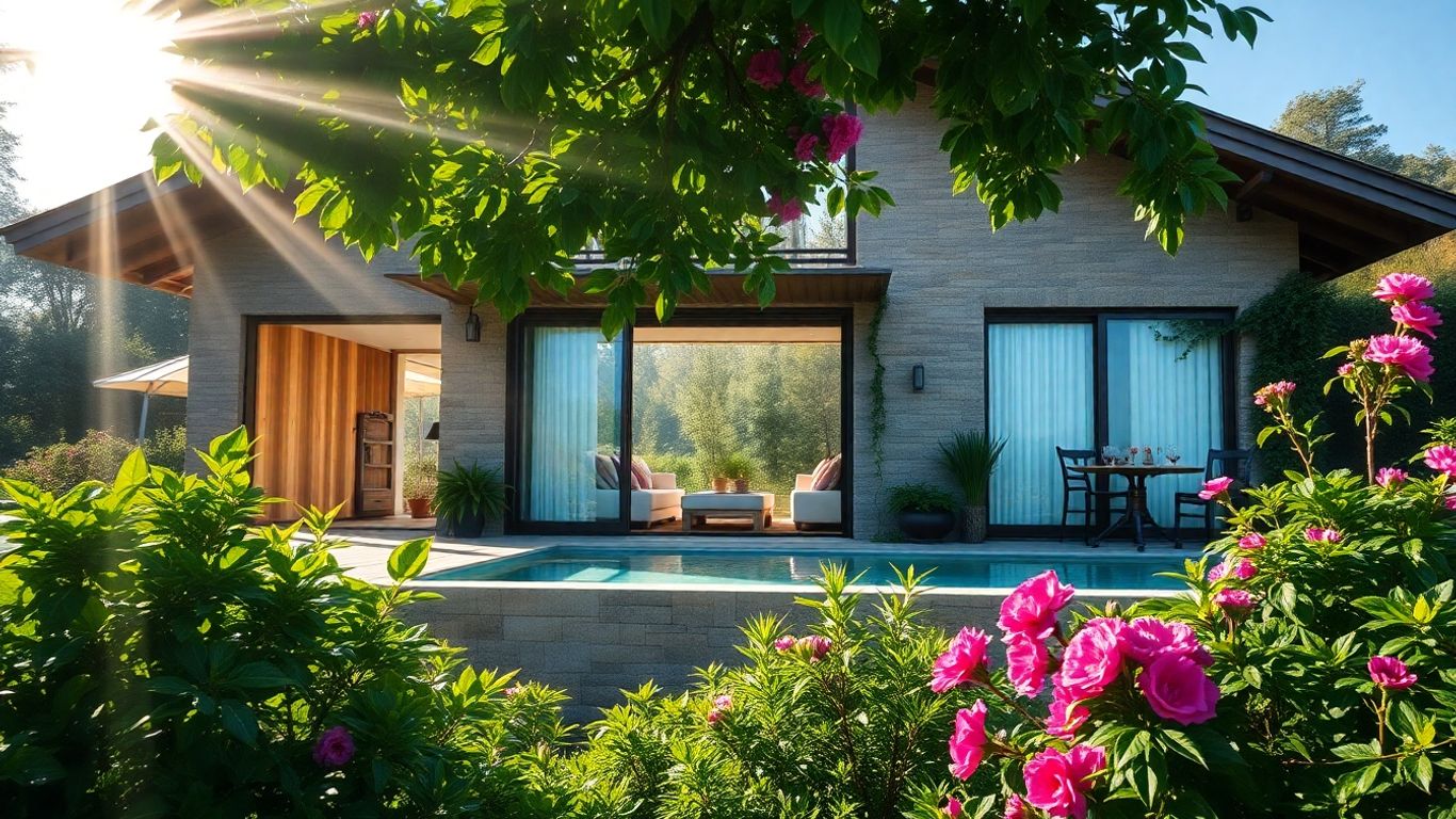Eco-luxury villa with pool and lush green surroundings.