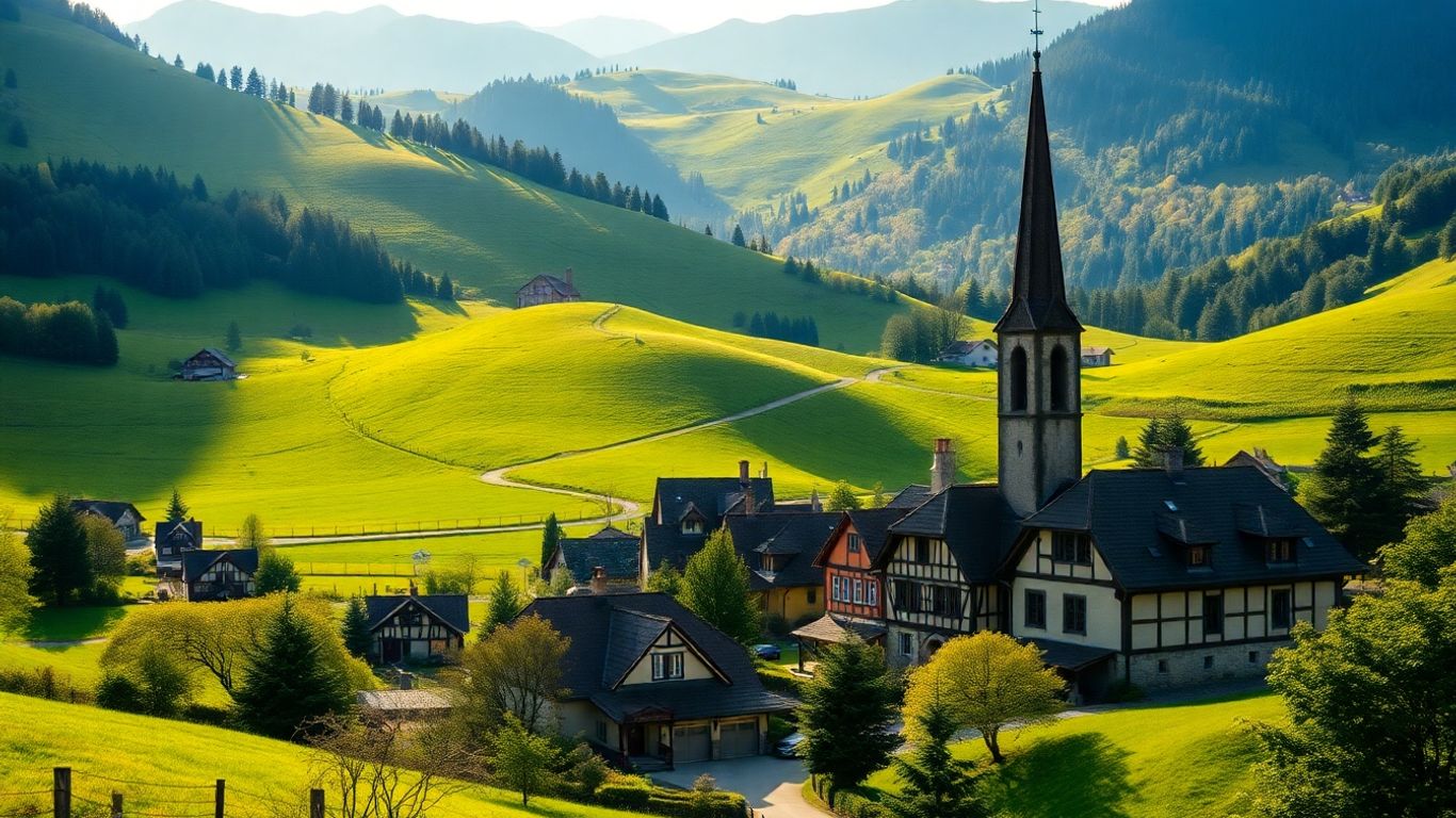 Sichere deutsche Landschaft mit Häusern und Kirche