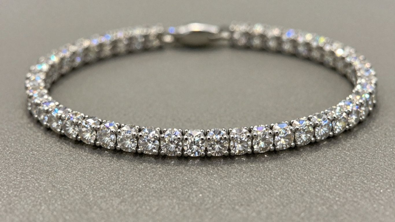 Diamond tennis bracelet sparkling with light.