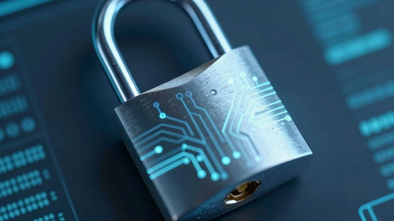 Cadeado aberto com fundo digital abstrato.