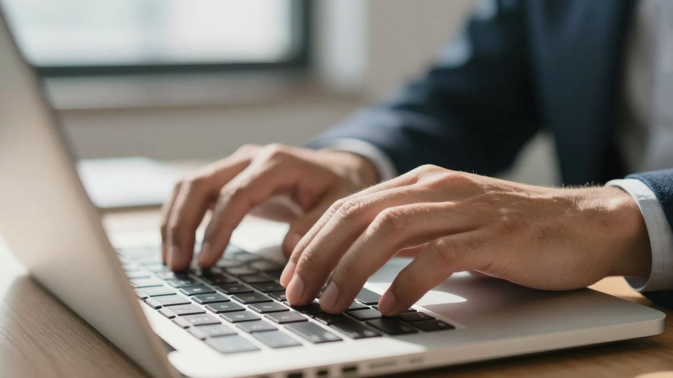Hands typing on a laptop keyboard, finding contact information.