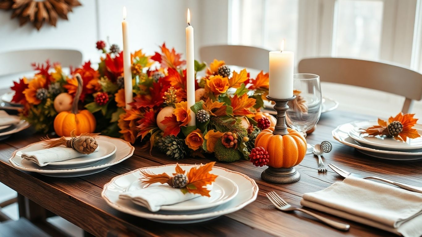 Cozy Thanksgiving table setting with gourds and fall foliage.