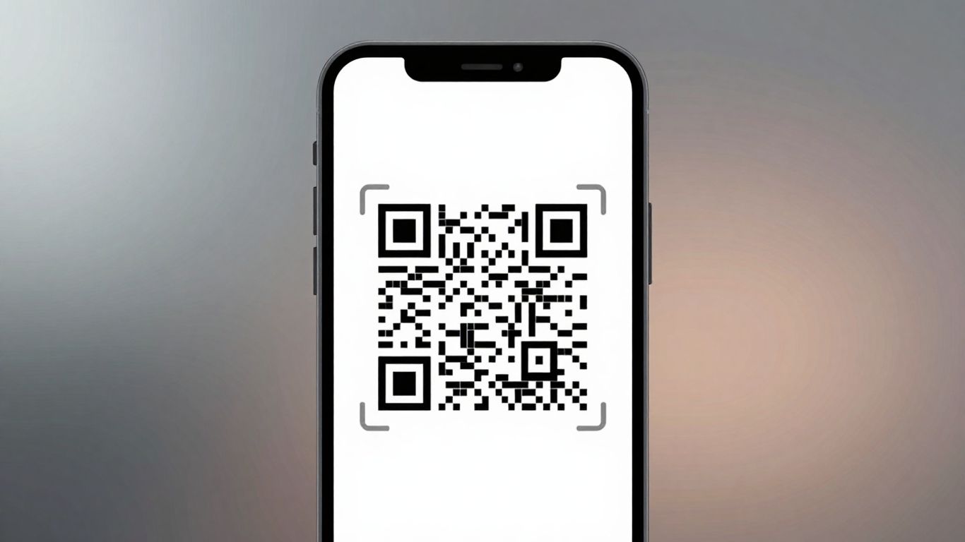Smartphone scanning a QR code, ad-free interface.