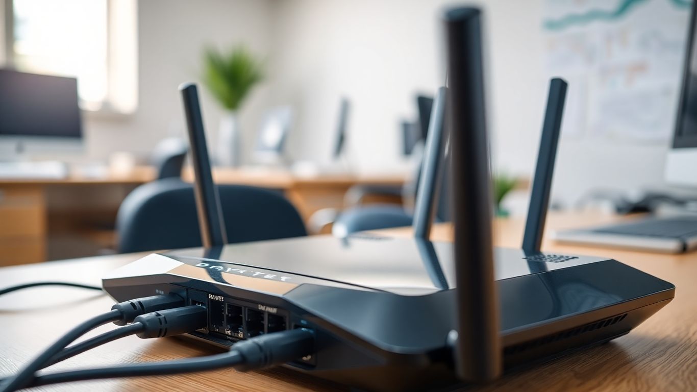 Office DrayTek router with connected cables on desk