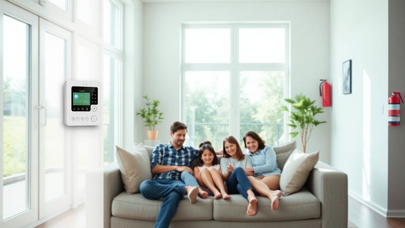 Familia feliz en sala segura, hogar moderno y protegido.