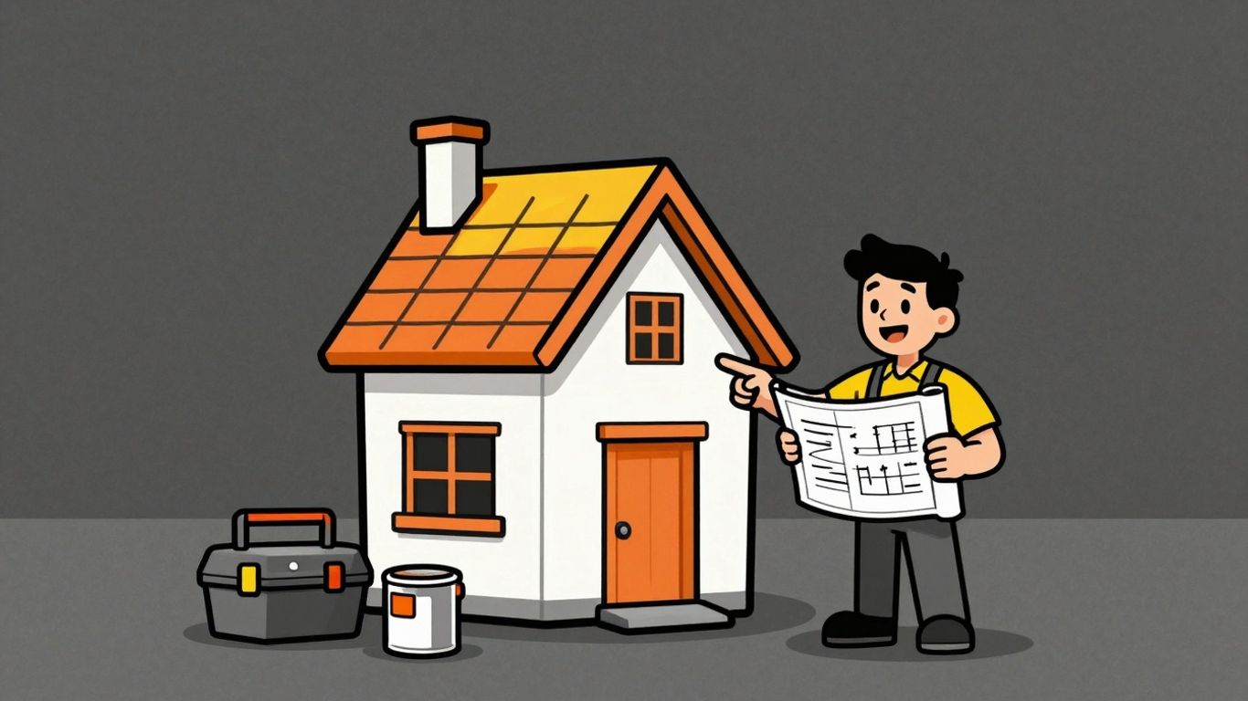 Cartoon house renovation with blueprint and tools.