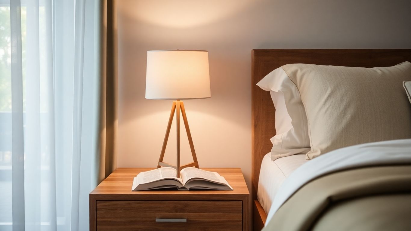 Modern bedroom nightstand with lamp and book.