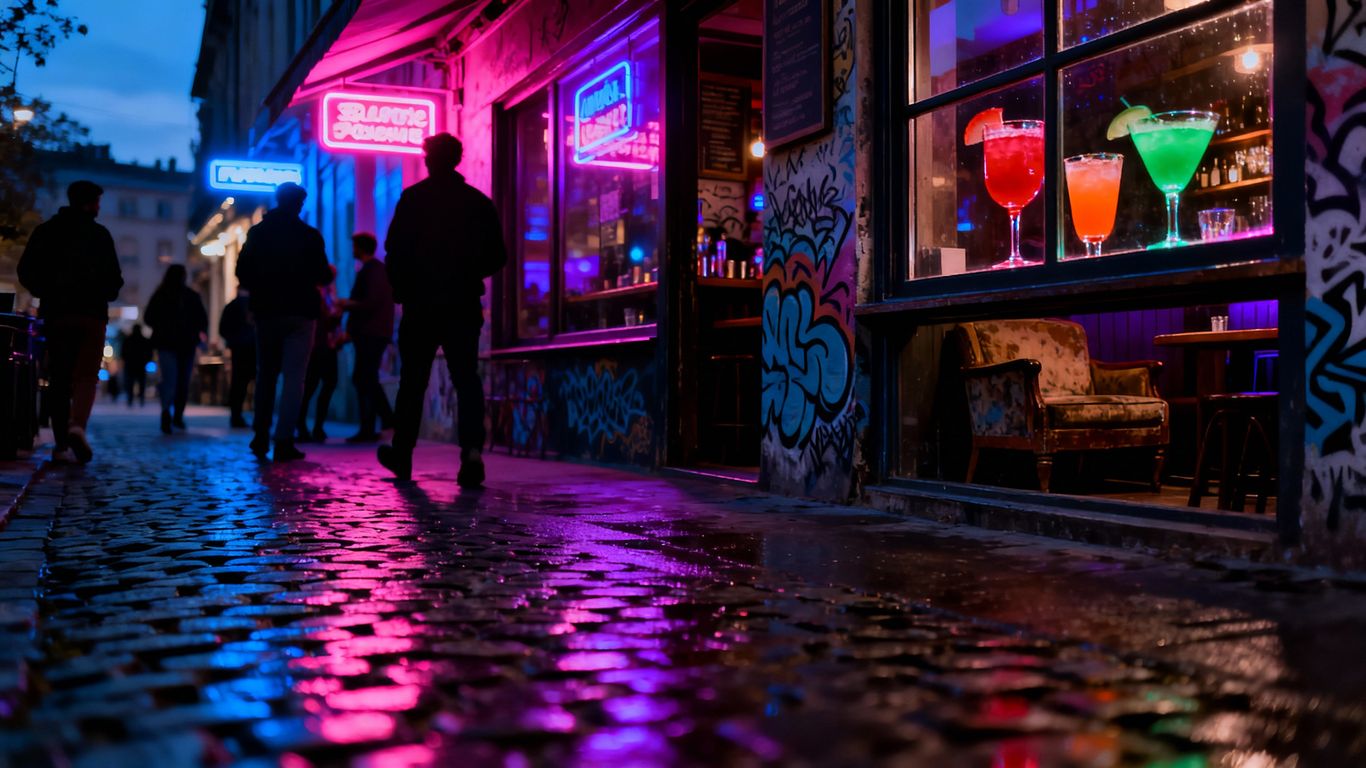Camden bars at night with colourful cocktails.