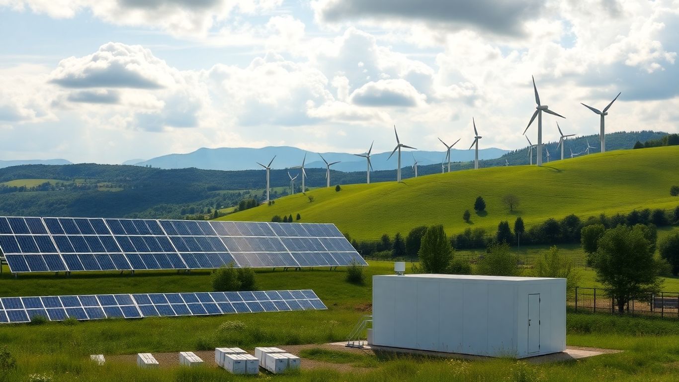 Panouri solare, turbine eoliene și stație baterie pe dealuri verzi