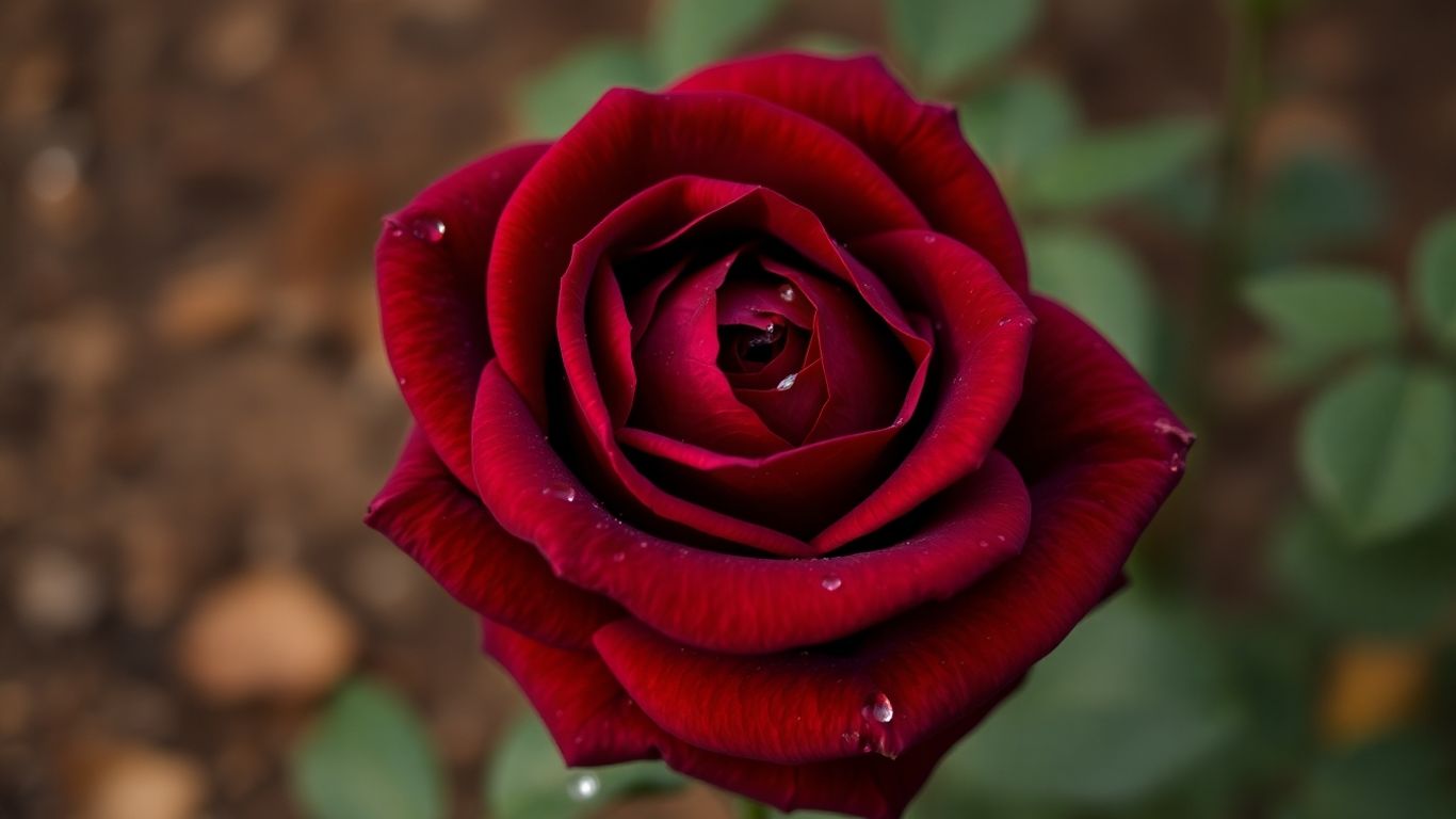 Rote Rose im Spätherbst mit Tautropfen