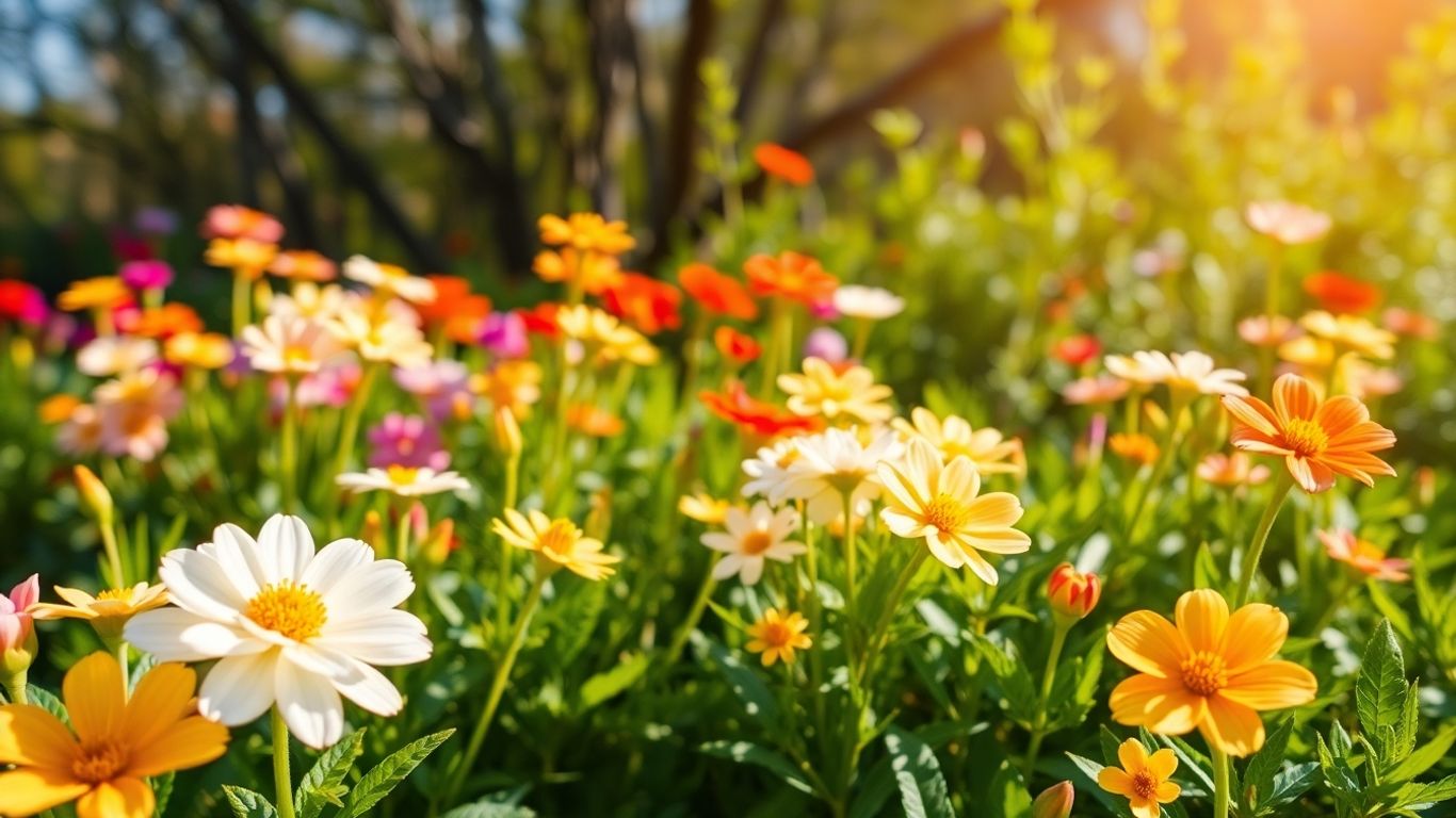 Blooming flowers and green foliage in soft sunlight.