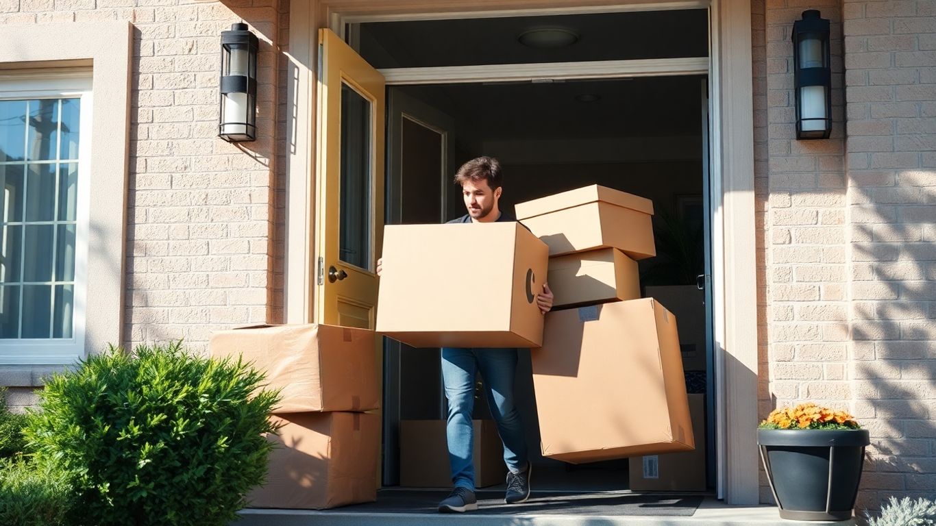 Moving crew exits a home with furniture and boxes.
