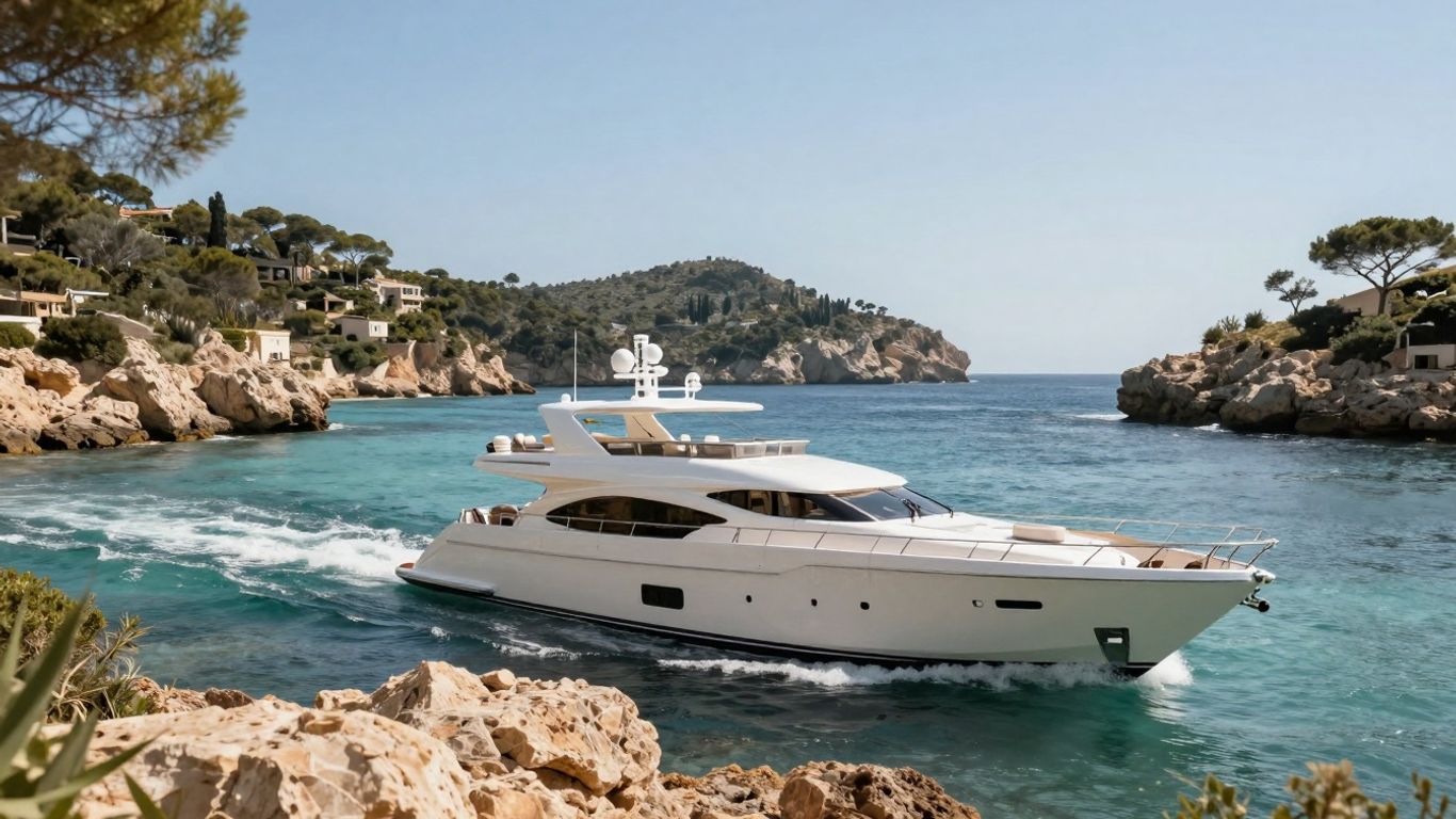 Luxury yacht sailing in Mallorca's clear blue waters.