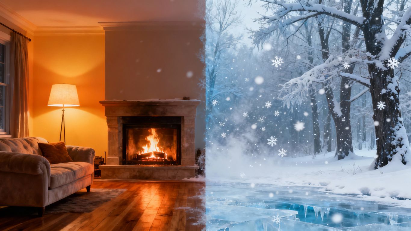 Cozy home interior contrasted with harsh winter exterior.