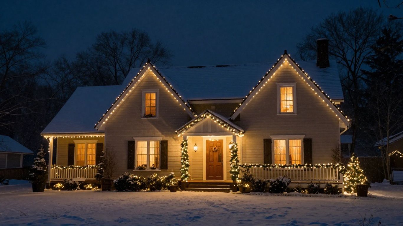 Festive house with permanent Christmas lights in Shiloh.