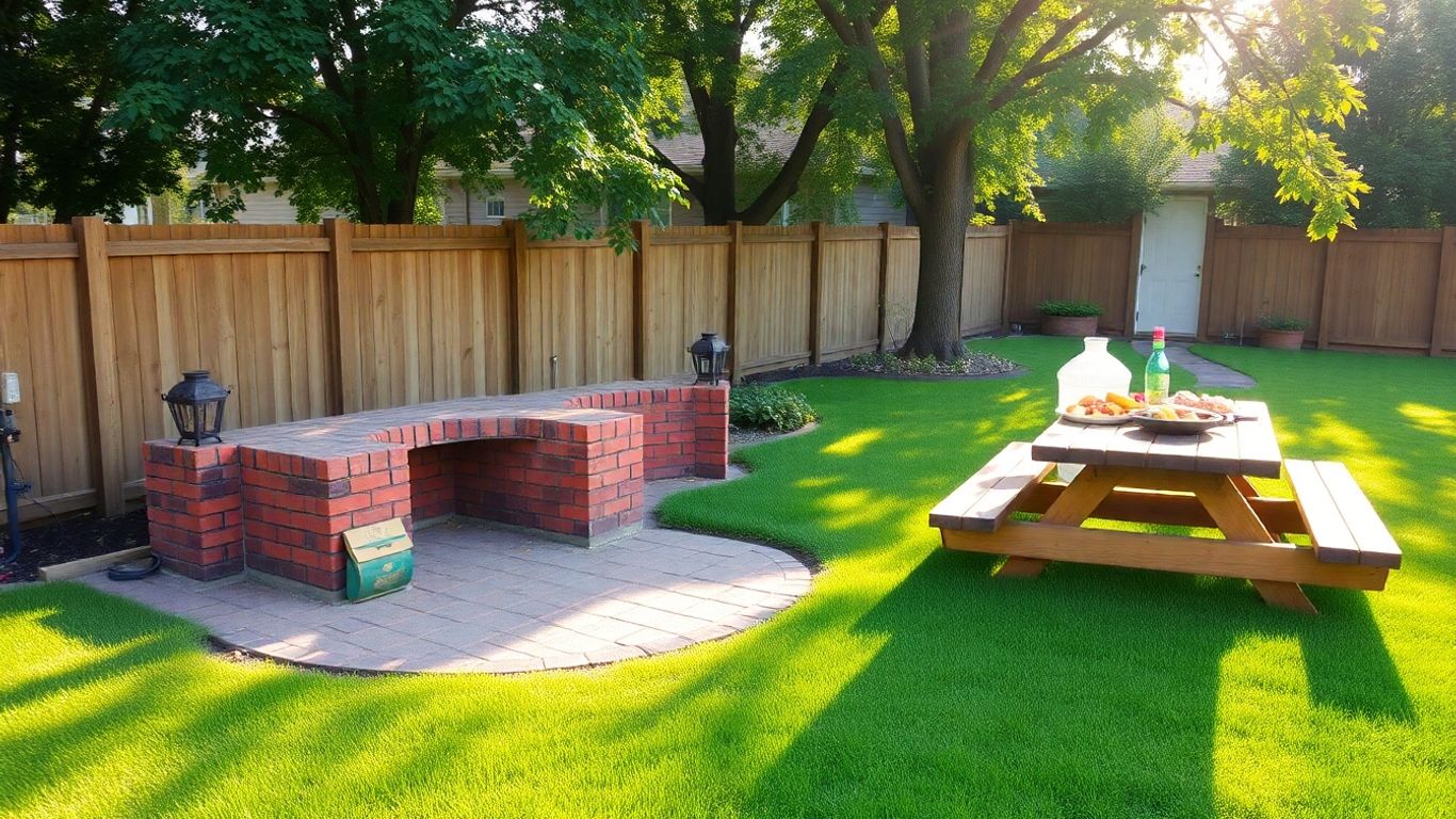 Backyard BBQ setup with brick pit and picnic table.