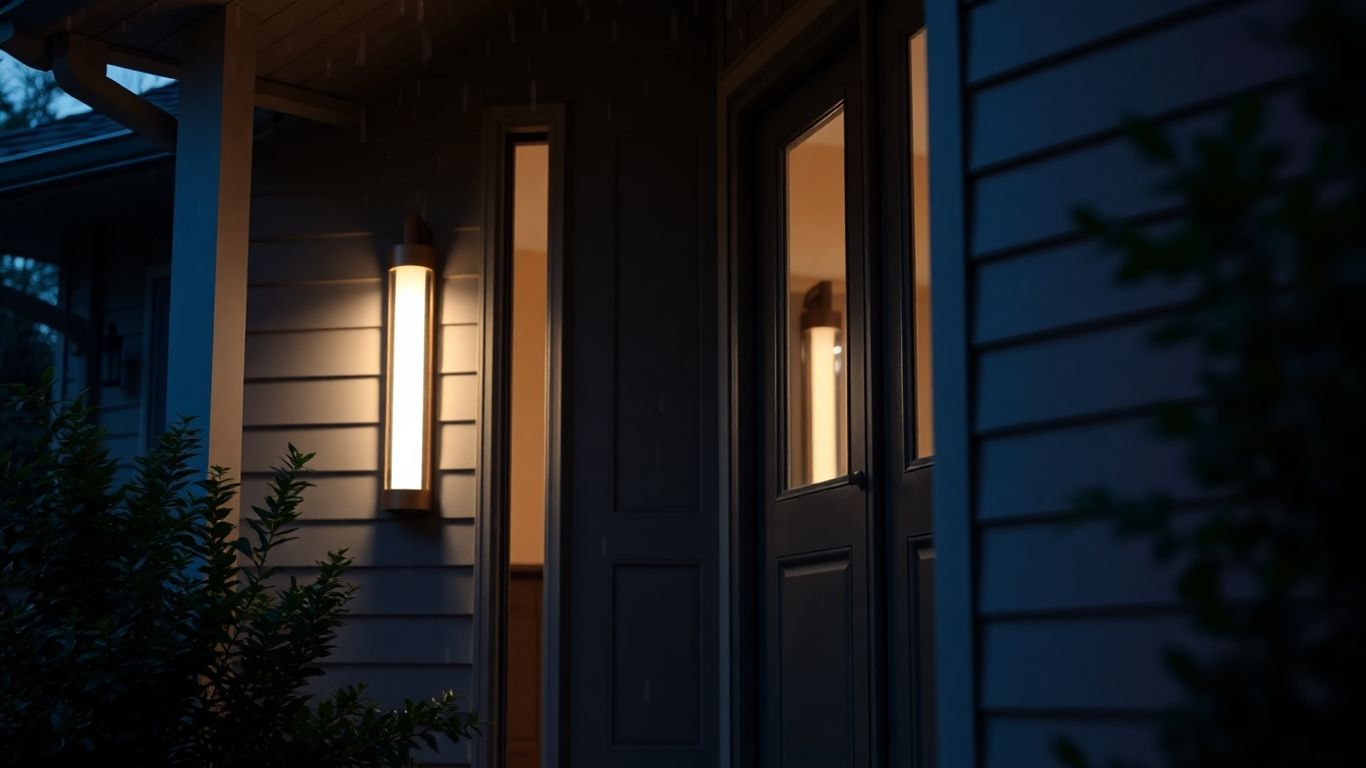 Modern porch light on house at dusk in rain