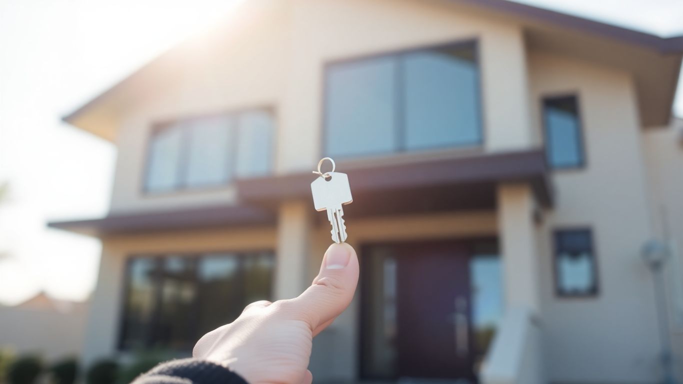 House key held against a blurred home background.