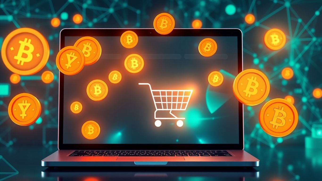 E-commerce and cryptocurrency integration on a digital screen.