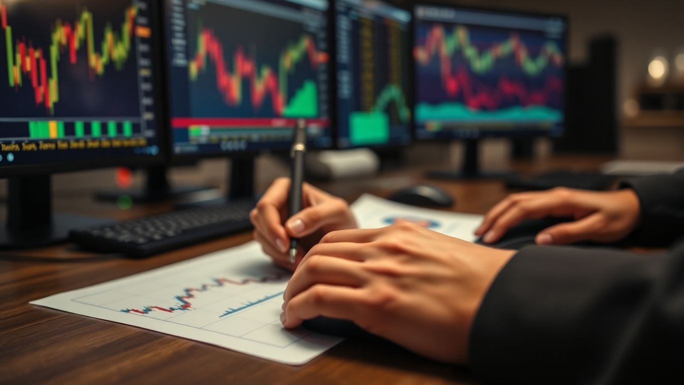Forex trader's hands on desk with blurred financial charts.
