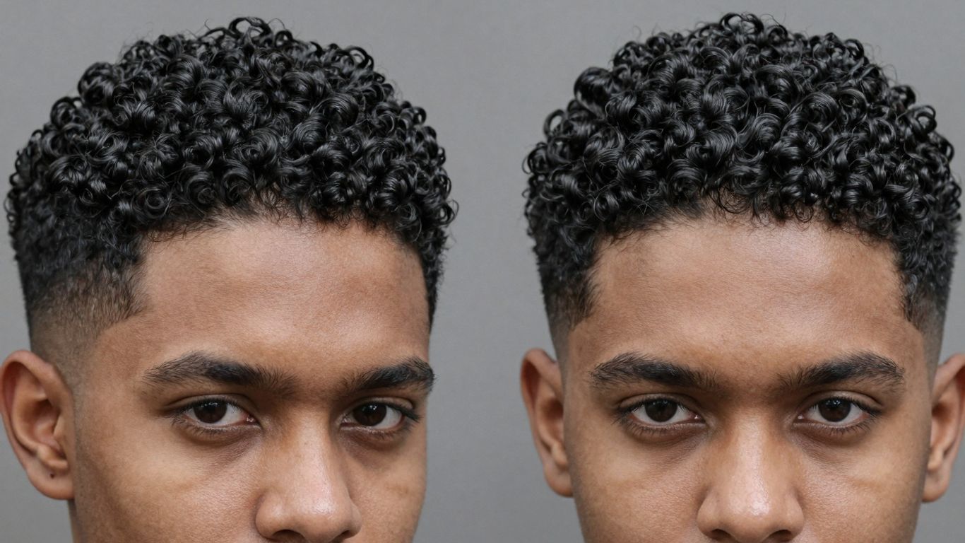 Man with short curly hair, sophisticated style.