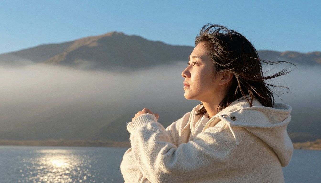 Pessoa contemplativa observando uma paisagem, transmitindo calma e resiliência emocional