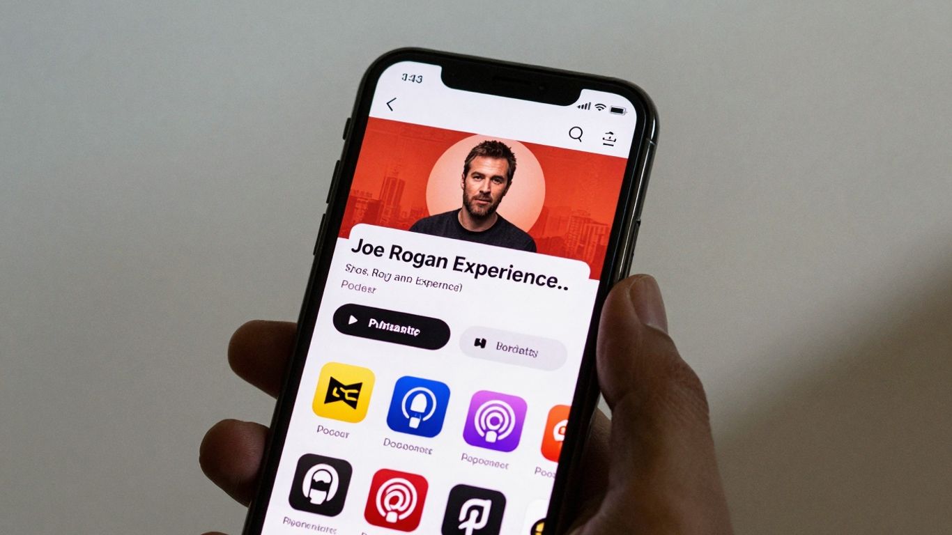 Joe Rogan Experience podcast on a phone, other apps visible.