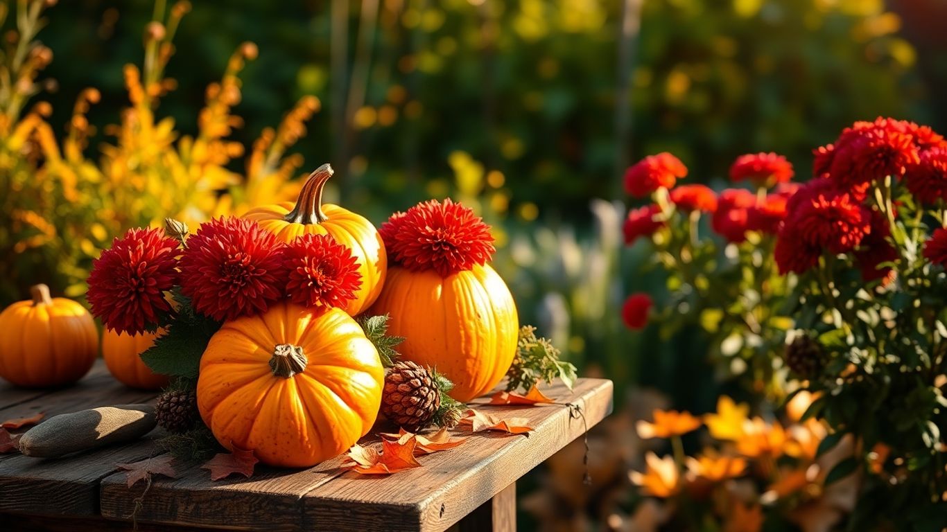 Herbstliche Gartendeko mit Kürbissen und Chrysanthemen