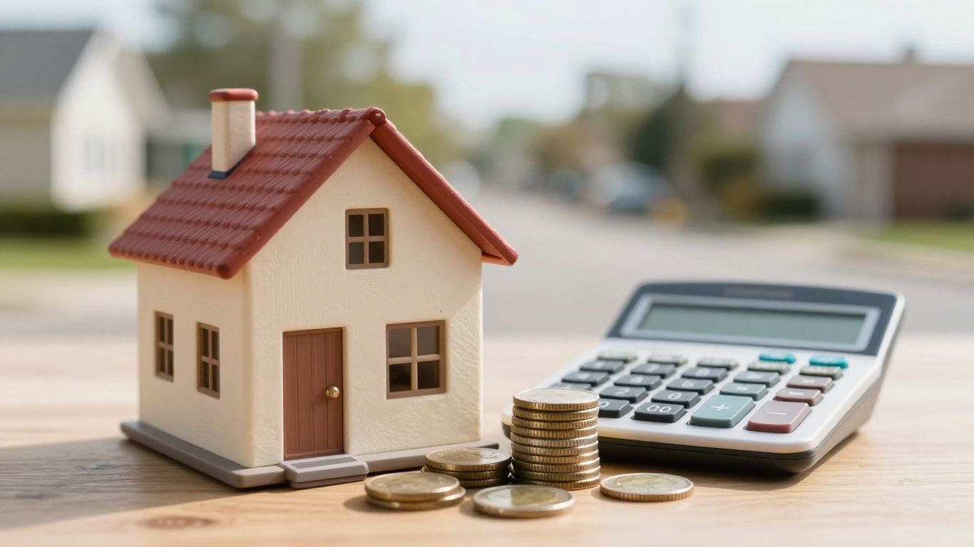 House, calculator, and coins for home loan estimate.