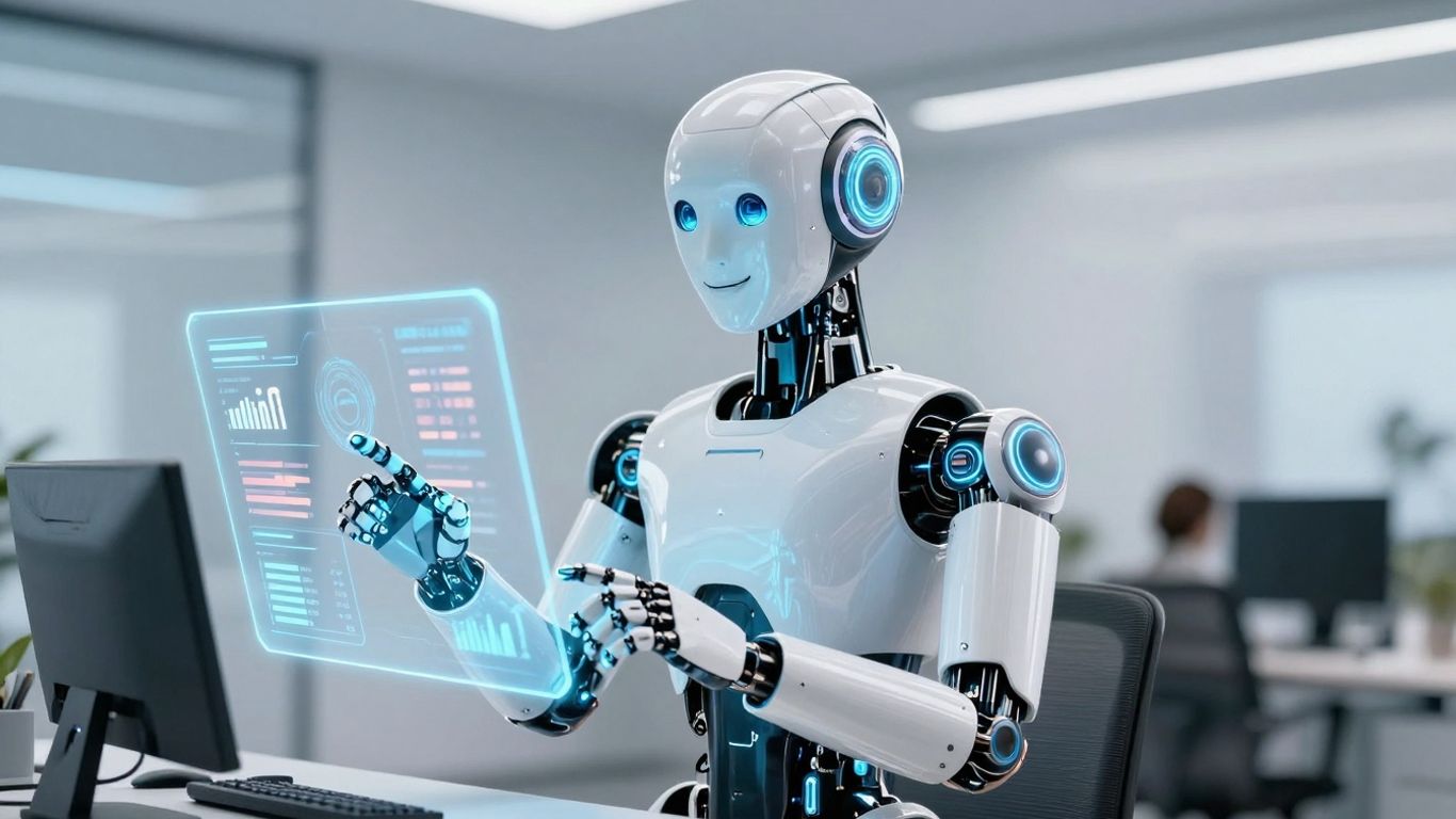 AI sales agent interacting with holographic sales data.