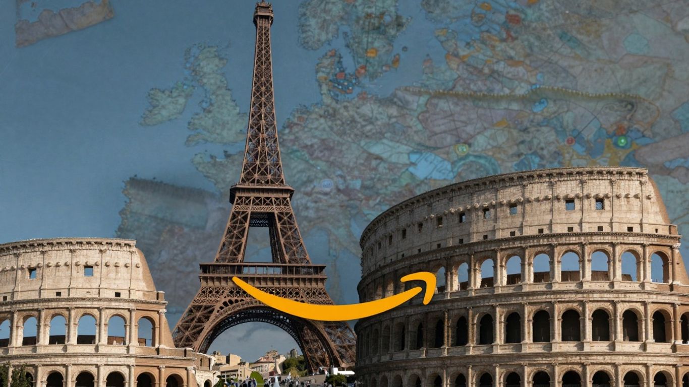 European landmarks and Amazon logo on a blurred map.