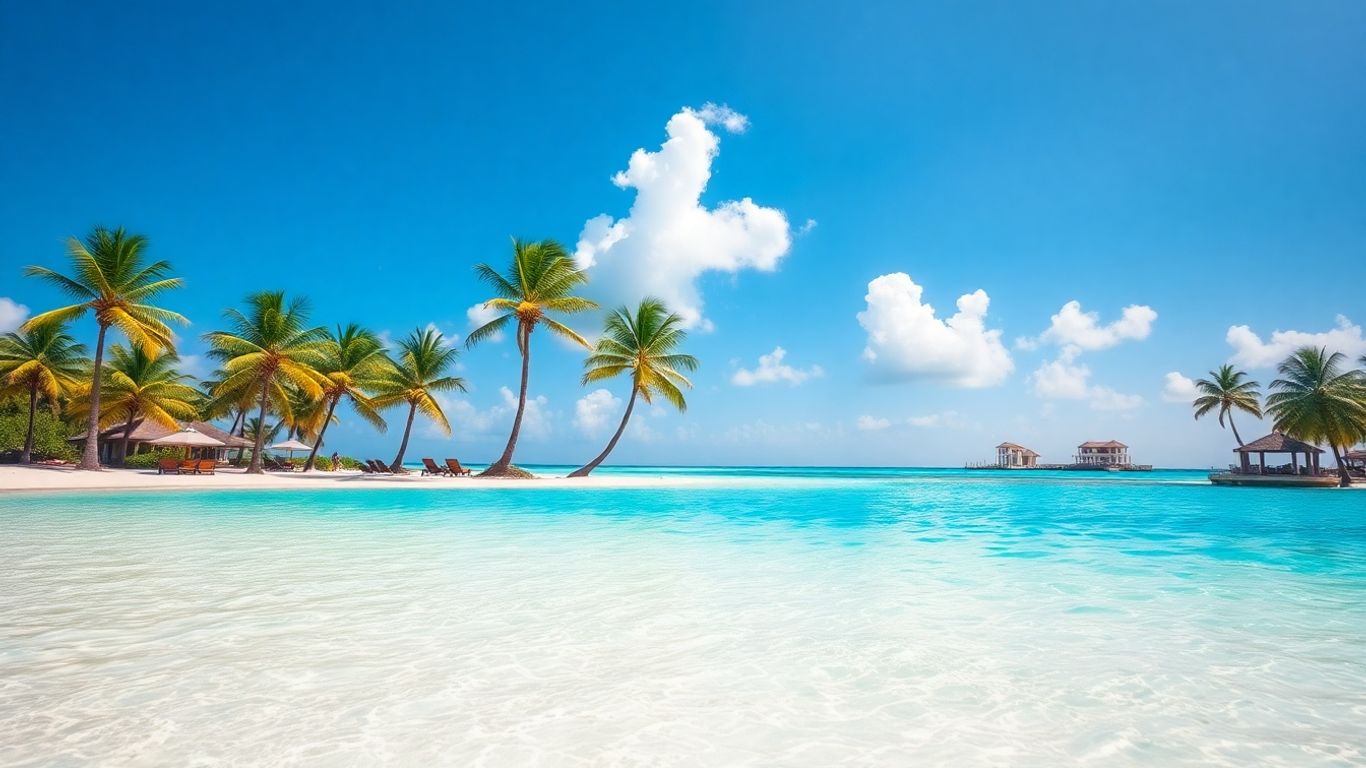 Tropical beach with palm trees and resort.