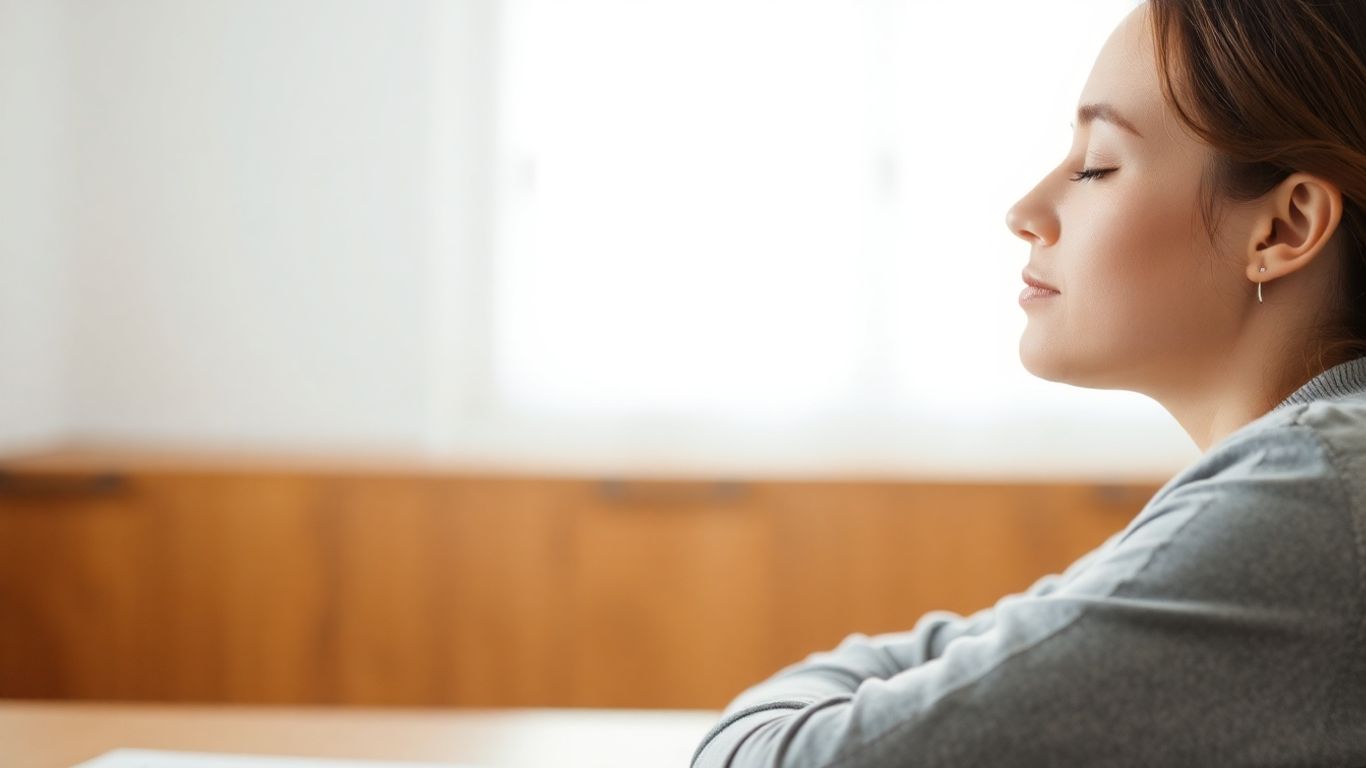 Person meditating at desk for stress relief.