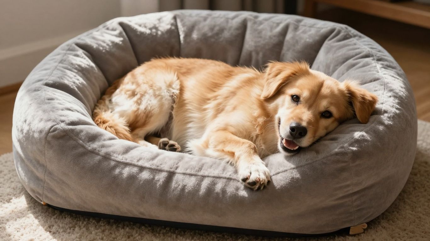 Dog sleeping on a comfortable, plush dog pillow.