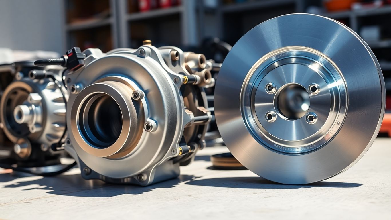 Shiny new Mitsubishi car parts arranged on a workshop surface.