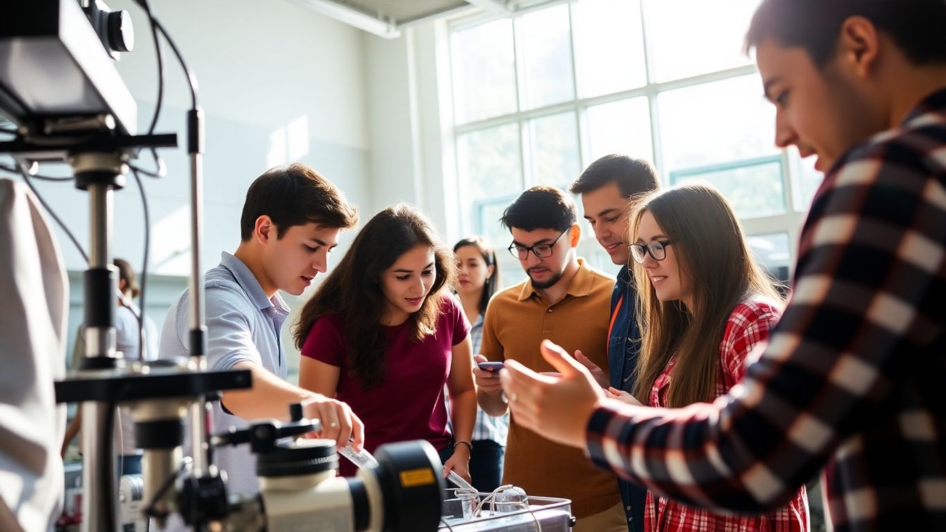 Caltech students in a lab during hands-on learning.