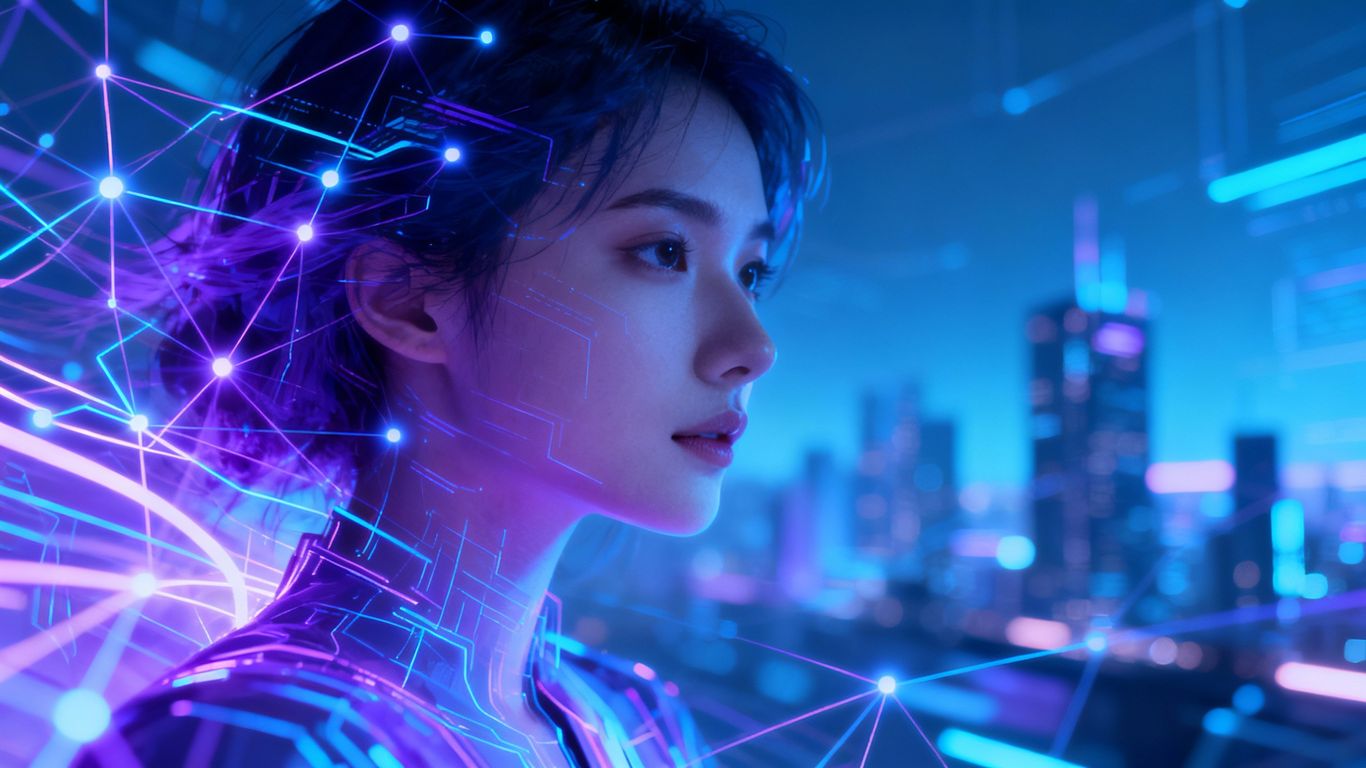 Abstract digital landscape with glowing lines and futuristic cityscape.